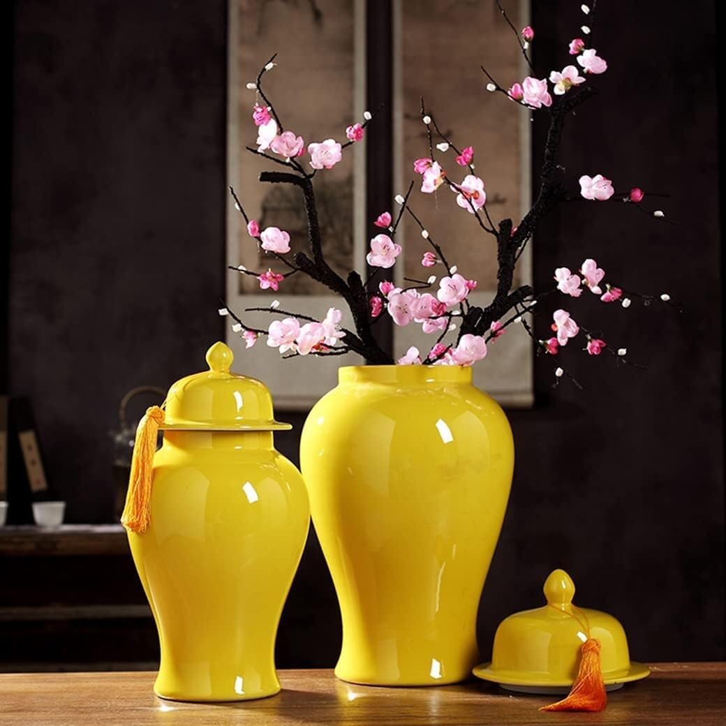 Food Storage Jar,Decorative Jar Ginger Jar Vase Decor Modern Ceramic Ginger Jar with Lid Yellow Decorative Porcelain Jars Temple Jar with Lids Flower Vase Ginger Jars Stora,A-18.5 * 35Cm