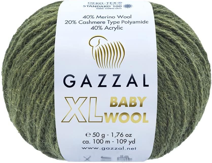 1Pack (Skein) Gazzal Baby Wool XL, 40% Merino Wool, 20% Cashmere Type Polyamide, 40% Acrylic, Each 1.76 Oz (50g) / 109 Yards (105m), Worsted Baby Popular Yarn (840)