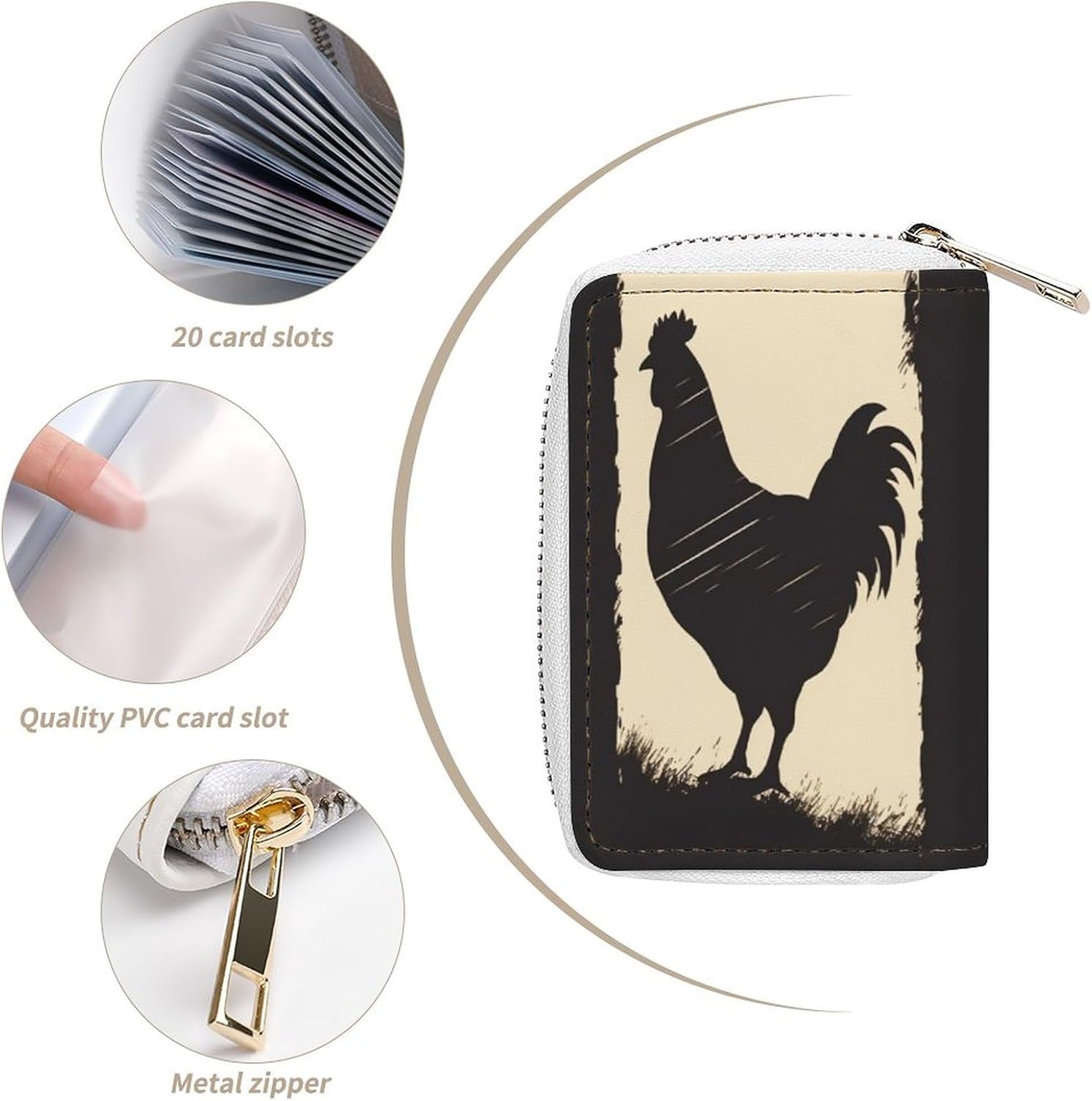 Leather Card Organizer Case Card Wallet Credit Card Holder Farmhouse Chicken Printed Zipper Card Cases Holder for Women Men