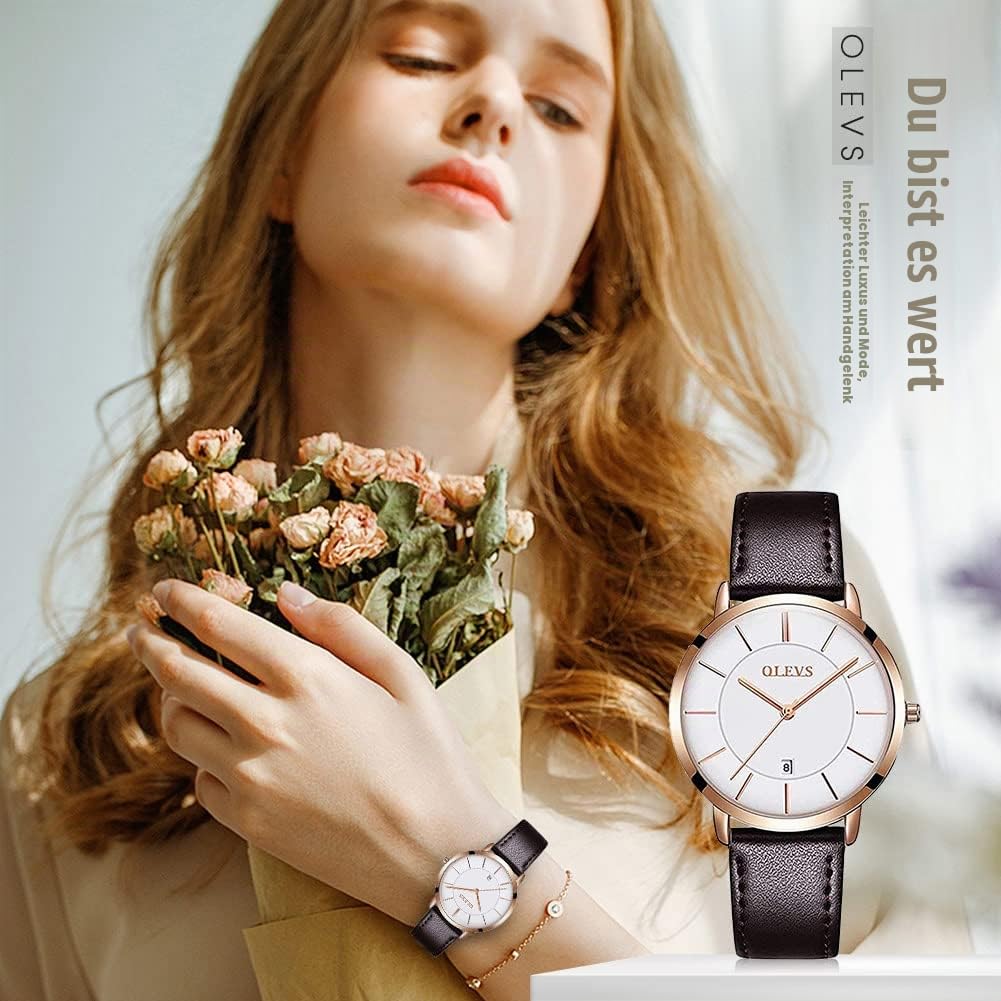 OLEVS Quarz Damen Uhr Elegante Armbanduhr Lederarmband Wasserdicht 30M Datumsanzeige Leuchtende Frauen Uhr Geschenke zum Muttertag
