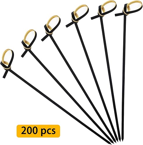 Miniatura 3 de BLUE TOP Palillos de Bambú para Cóctel 200 PCS Brochetas de Bambú Negro de 4 Pulgadas con Nudo en Bucle, Palillos para Alimentos, Palillos de