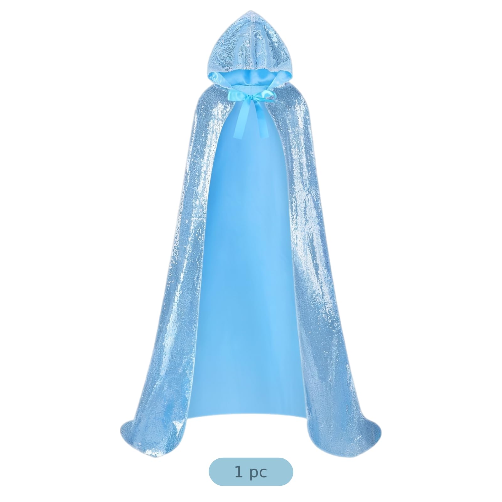 Cape à Paillettes réversibles Bleu Clair, Cape Cosplay Brillante à Double Couche, Longueur 1,5 m, avec Capuche, pour déguisement de Princesse Halloween, tombé Fluide et Effet féerique