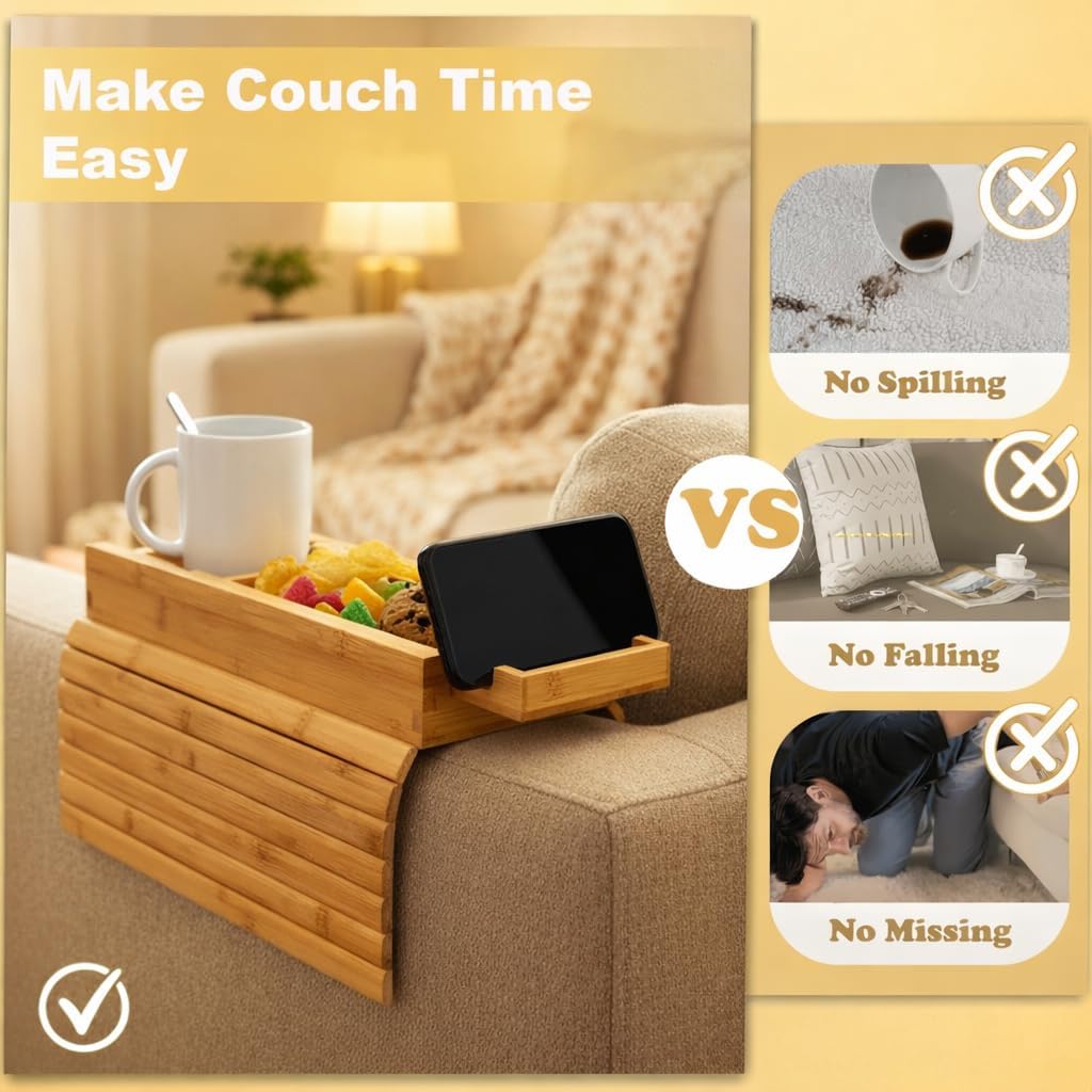 Bamboo Sofa Armrest Tray with Detachable Cup Holder, Couch Arm Tray Table with Phone Holder, TV Remote Organizer, Foldable Anti-Slip Sofa Armrest Caddy for Drinks, Snacks & Living Room