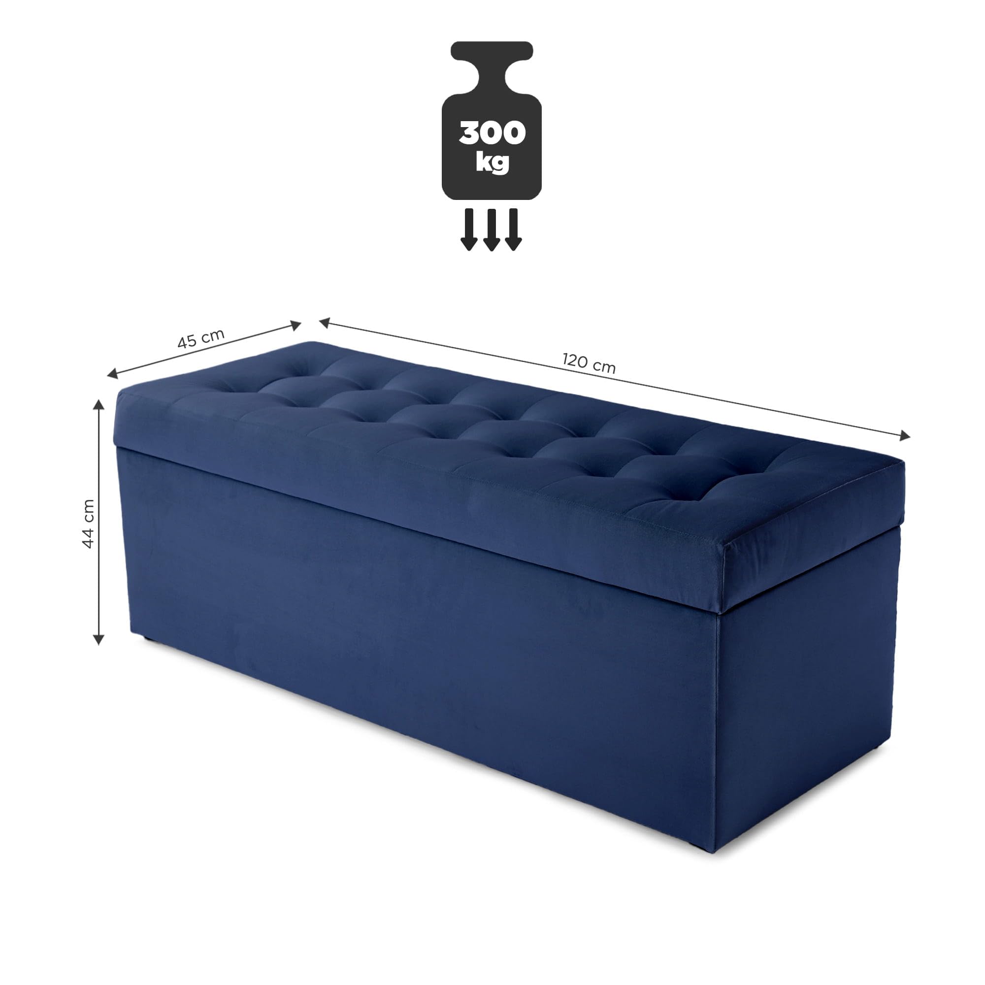 MG Design Pouf Coffre 45 × 120 cm Marineblau – Rangement 140 L, Charge 300 kg, Surface Douce avec léger reflet, Entretien Facile – pour Salon, Chambre, entrée