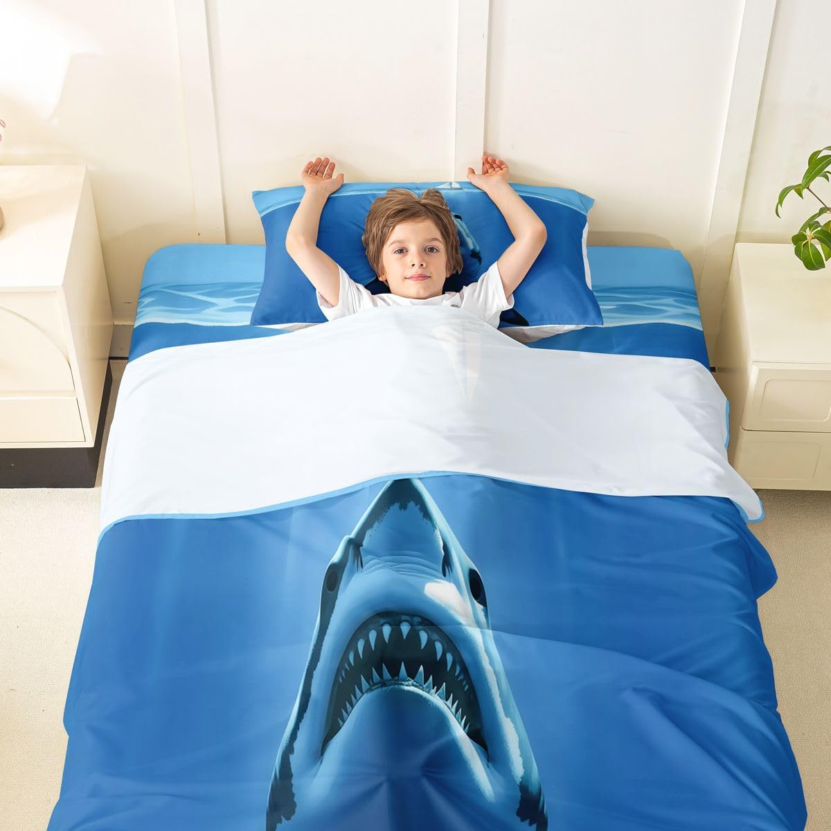 Erosebridal Cool Great White Shark Sheet Set Ocean Adventure Twin Sheets Set for Toddler Boys,Blue Sailboat Scene Nautical Themed Fitted Sheet