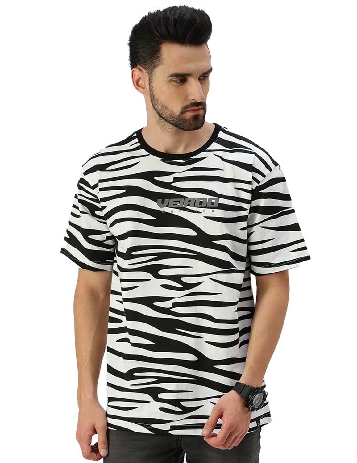 Pure Cotton Oversized Loose Baggy Fit Cow & Zebra Animal Print White, Black & Lilac Round Neck T-Shirt with All Over Print for Men & Boys-image-24