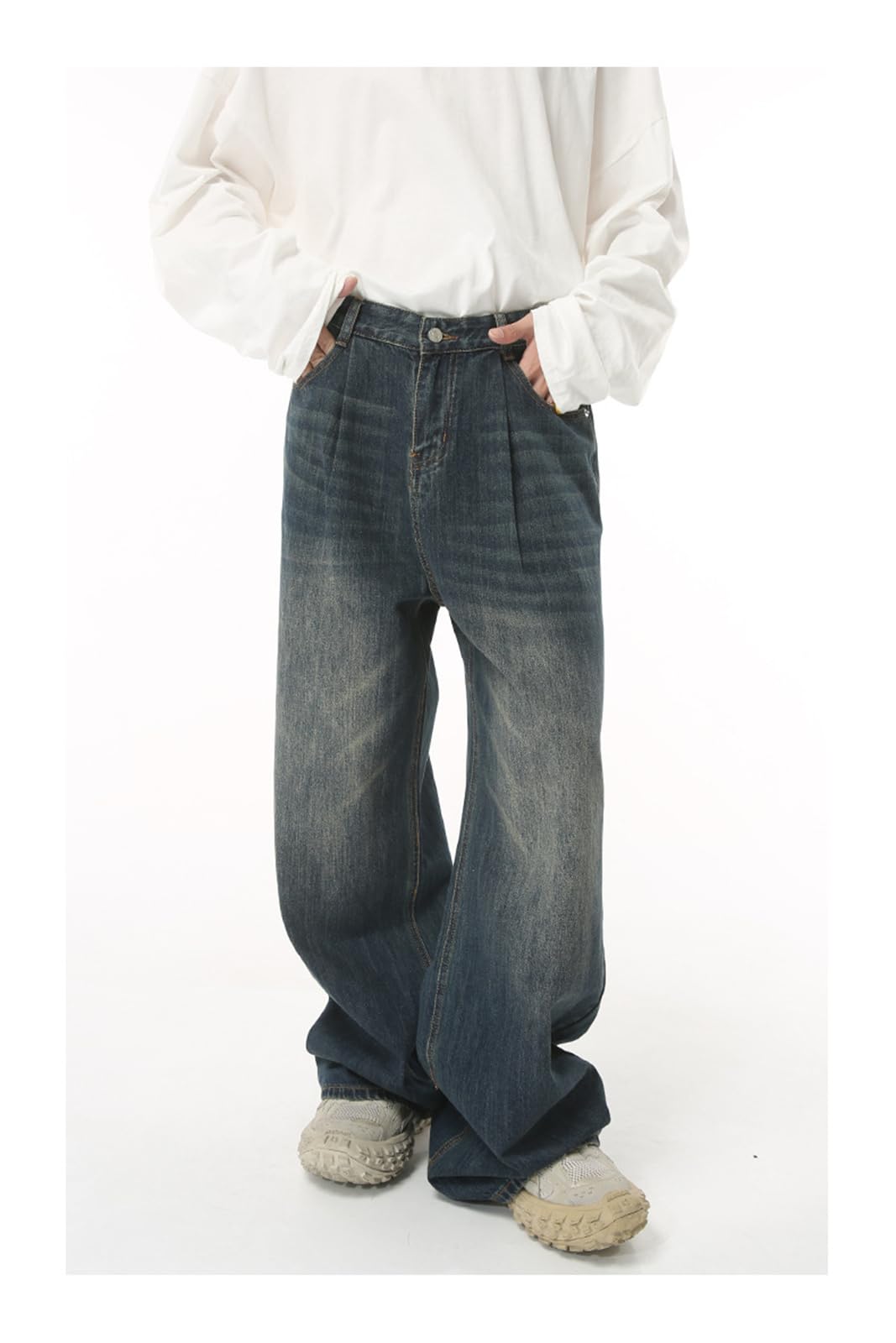 Jeans da Uomo Hip Hop Classico Rap Jeans Gamba Larga Gioventù Popolare Jeans Uomini Gamba Dritta Retro Pantaloni Sciolti Denim Pantaloni