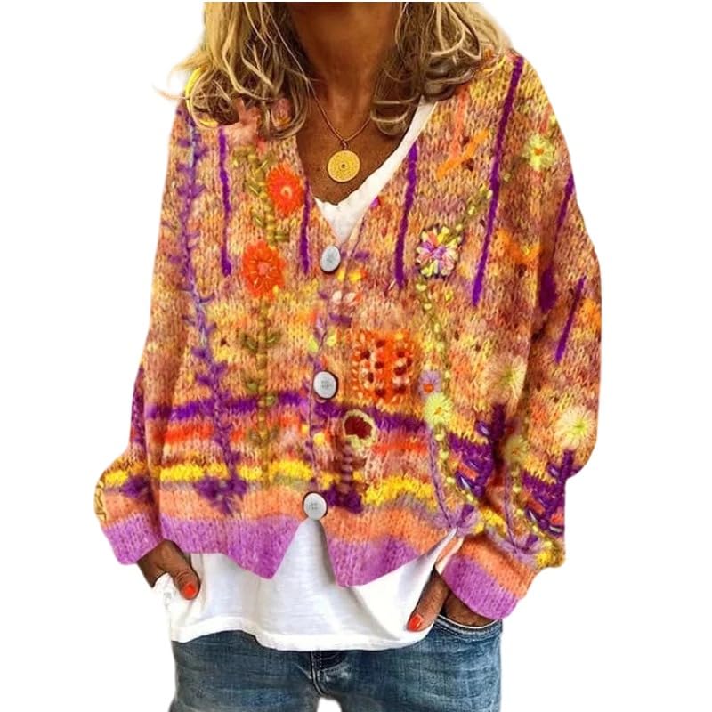 OSCORP Cardigan Sweaters for Women Casual Floral Print Front Loose Sweater Button Down V-Neck Long Sleeve Coat Fall