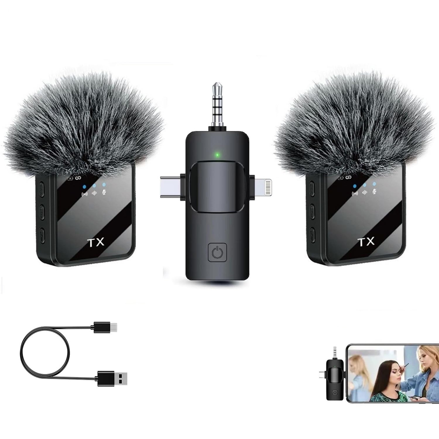3 in 1 Wireless Lavalier Microphone Clip-on for iPhone Android Mobile Phone Wireless Mini Microphone for YouTube, TikTok, Vlog, Video Recording, Interview Camera Podcast