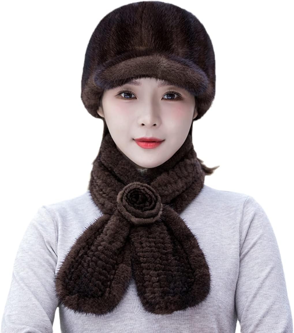 2PCs Hat Plus Scarf Women Girls Real Mink Hair Cap Visor Neck Warmer Wrap Winter Warm