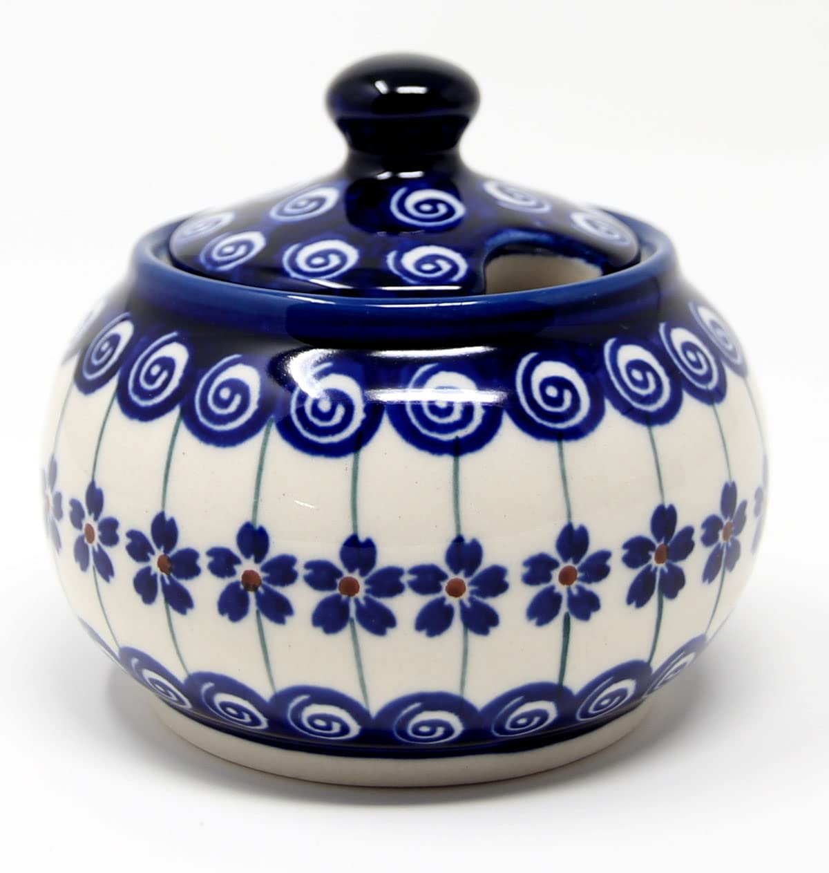 Polish Pottery 10 Oz. Sugar Bowl from Zaklady Boleslawiec Poland Handpainted in Floral Peacock Swirl