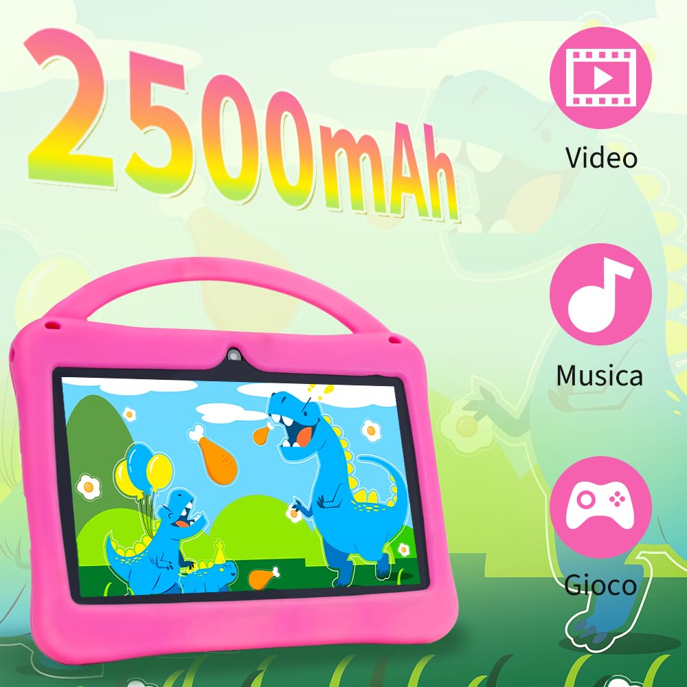 Veidoo Tablet 7" Bambini, 2 GB RAM, 32 GB ROM, App iWawa, Controllo Genitori, Schermo Protezione Oculare, Giochi Educativi, WiFi, Doppia Camera, Custodia Silicone (Rosa)