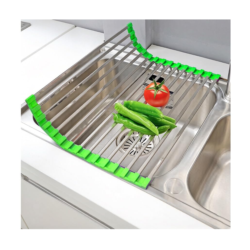Sink Drainer Rack, Foldable Over the Sink Dish Drying Rack, Stainless Steel Multi-Purpose Drainer Mat for Dishware Fruits Vegetables, Kitchen Counter Organize(Green,L 32cm/12.6in)