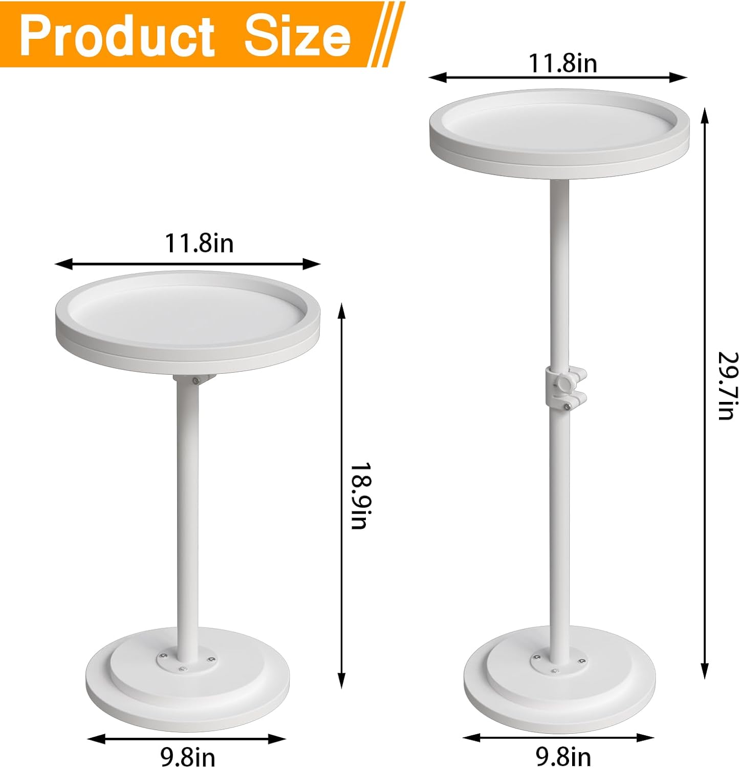 Small Side Table, Drink Table, Height Adjustable Round End Table, Pedestal Side Table for Small Spaces in Living Room, Bedroom, White