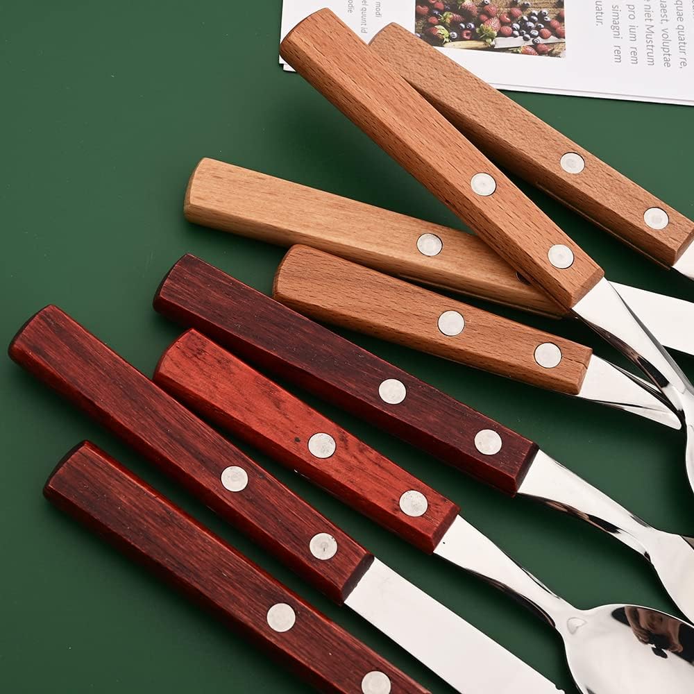 24 PCS Silverware Flatware Set with Wooden Handle, Uniturcky 304 Stainless Steel Cutlery Set for Home Kitchen Restaurant, Tableware Set for 6, Steak Knife Spoon Fork Set - Red Brown Wood Handle