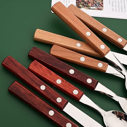 Miniatura 6 de Juego de cubiertos de mango de madera, juego de cubiertos de acero inoxidable 304, tenedores, cucharas, cuchillos, cubiertos para 2 personas con