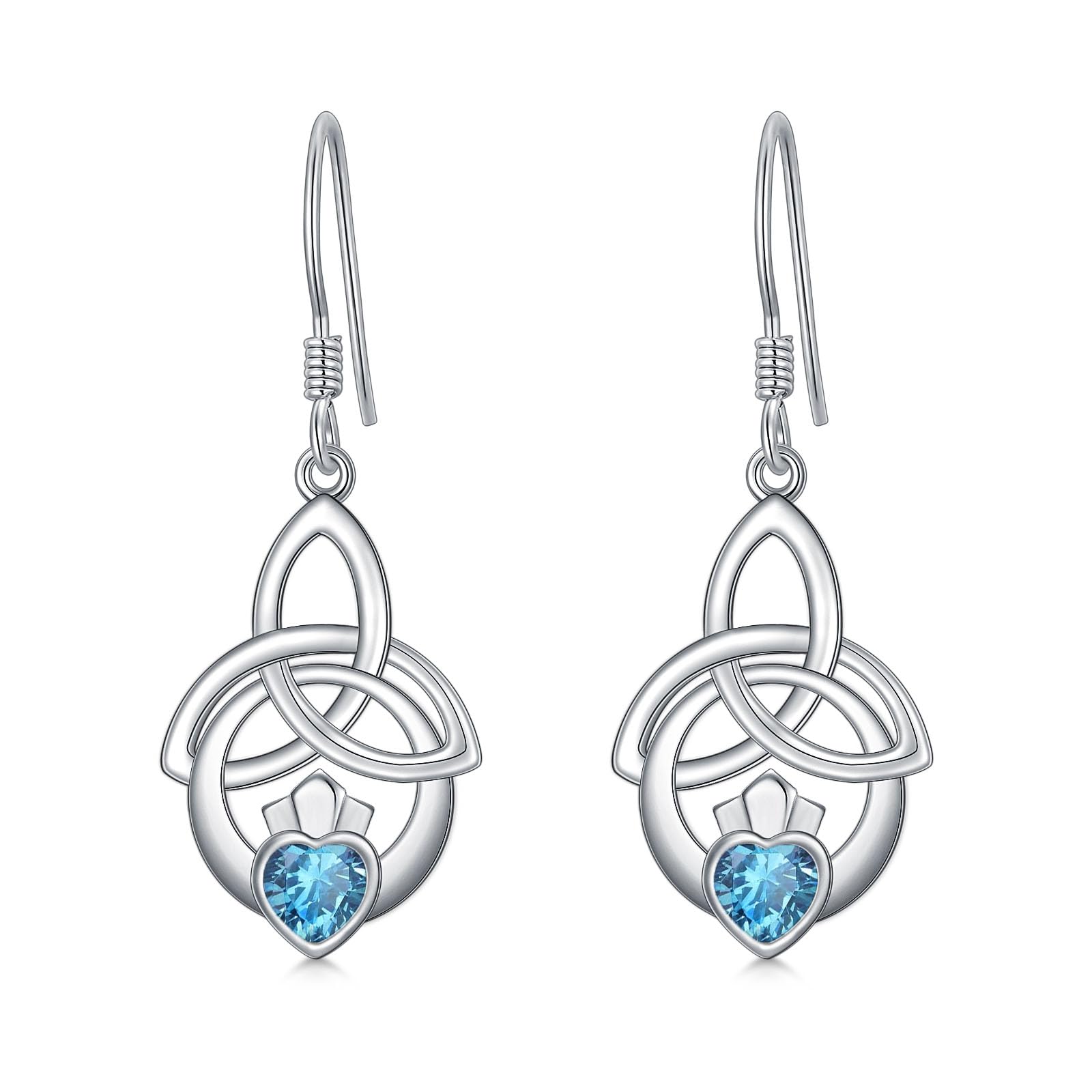 Wildari Celtic Knot/Claddagh Earring 925 Sterling Silver Celtic Knot/Irish Claddagh Dangle Drop Earrings with 12 Months Birthstone Irish Lucky Jewelry