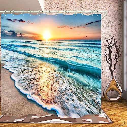 Image of LYFANS Beach Sunset 3D Waterproof Fabric Shower Curtains for Bathroom | luxurious Bathtub Standard Shower Curtain, And Bright , (59x72 inches)