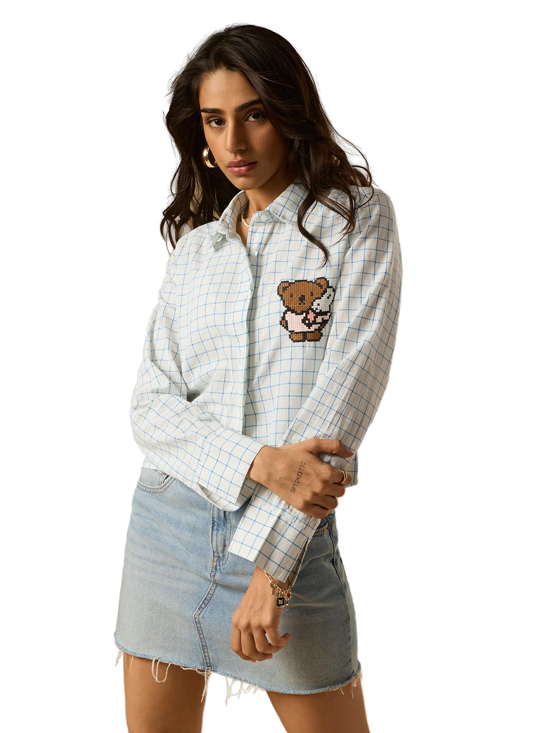 the souled store Plaid Shirt: Aqua Women and Girls Full Length Spread Collar Aqua Embroidered Cotton Relaxed Fit Breathable Lightweight All-Season Shirt for Casual-picture-42