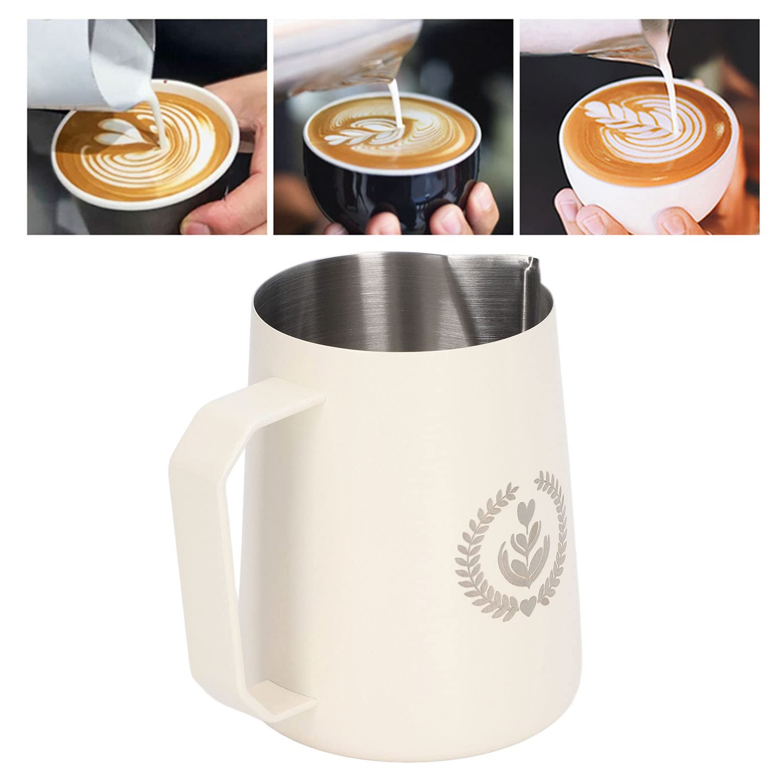 EMUKOEP Diseño de Colada Elegante 450ml de la Jarra de Espuma de Leche de Acero Inoxidable 304 para Bebidas de café (Blanca)