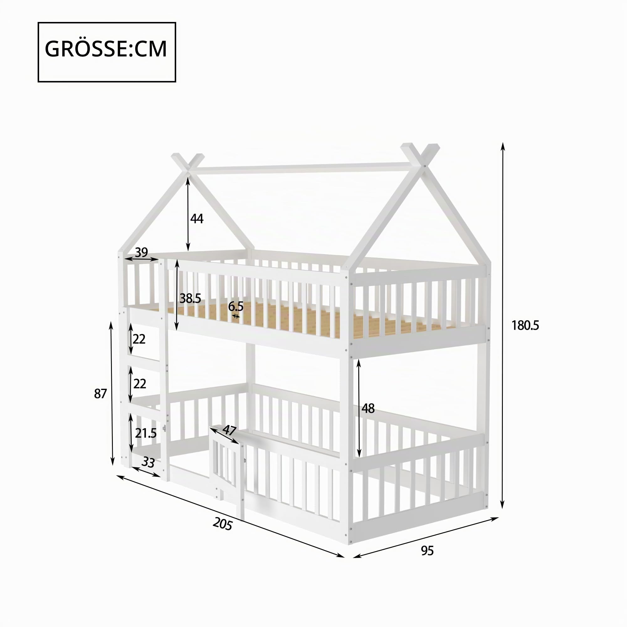 Etagenbett für 2 Kinder, 90x200 cm Kinderbett Bodenbett Hausbett mit Rausfallschutz und Lattenrost,Vollschutzgitter und Türen, Massivholz Doppelbett Stockbett Gitterbett Jugendbett,Ohne Matratze,Weiß