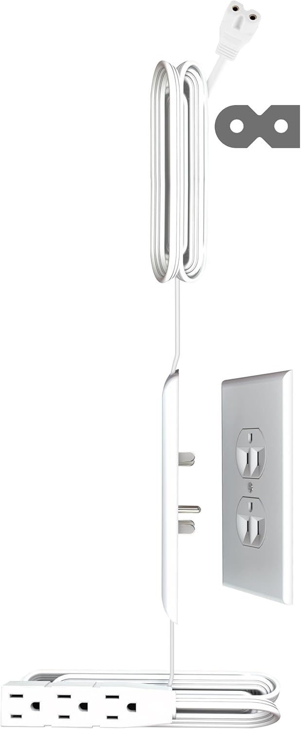 Sleek Socket Original & Patented Ultra-Thin Outlet Concealer with Cord Concealer Kit, Top 6 Foot A/C Power Cord for Mounted TV with C7 or C13 Connector, Bottom 5 Foot Cord, 3 Outlet Power Strip