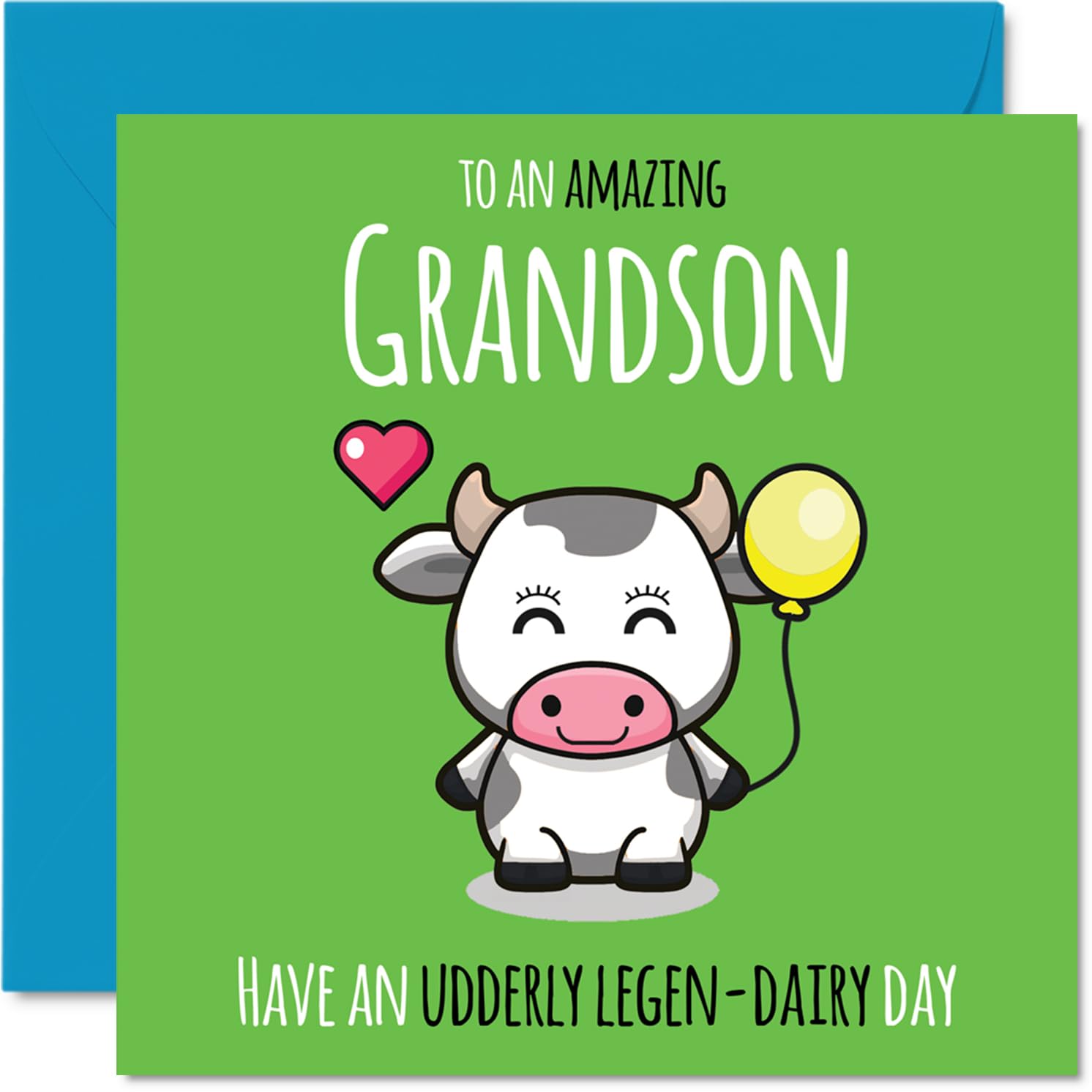 Grandson Birthday Card - Udderly Legen-Dairy - Happy Birthday Card for Grandson from Grandad Nanny, 145mm cute cow Bday Greeting Cards