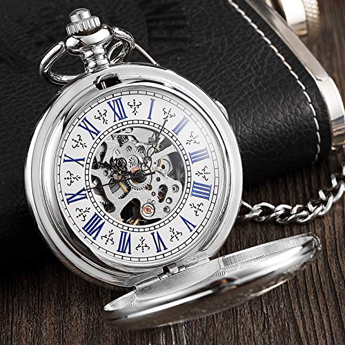 Luxury Silver Roman Number Dial Mens Mechanical Pocket Watch With Chain Elegant Carving Hollow Skeleton Pocket Watches Gifts Set #TOP3