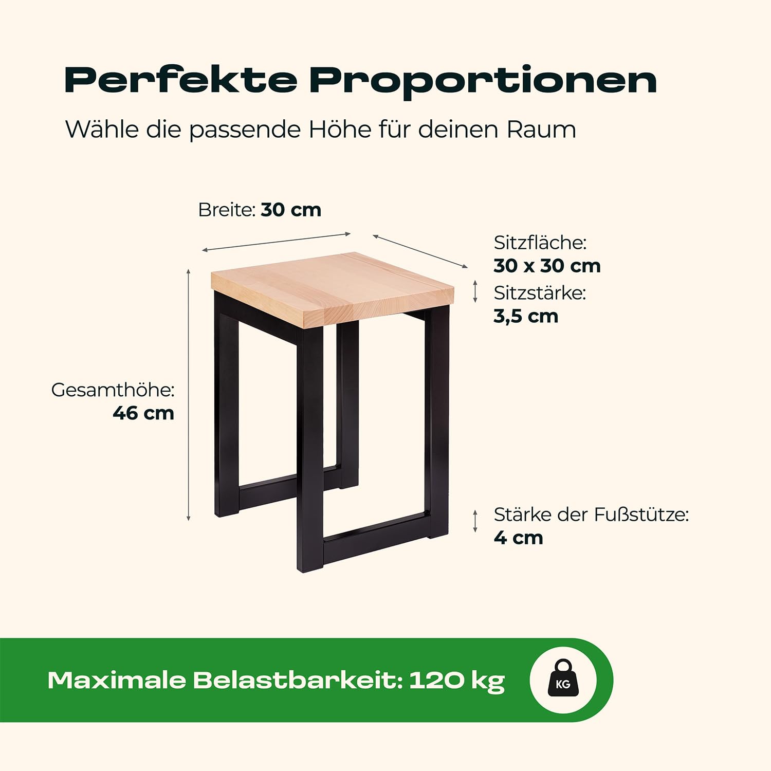 Barhocker Holz 46 cm Sitzhöhe, Barstuhl mit Metallgestell, Holzhocker Massiv mit Sitzfläche 30x30 cm, Stärke 3.5 cm, Barhocker Buche Natur