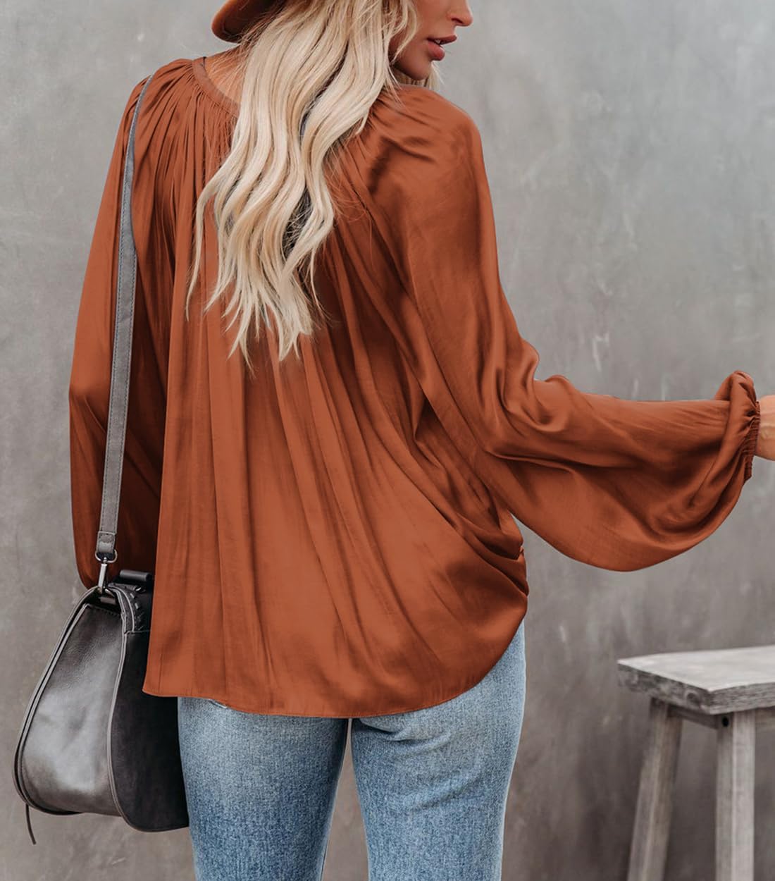 LAMISSCHE Womens Sexy Deep V Neck Blouse Lantern Long Sleeve Chiffon Shirt Oversized Drawstring Silk Satin Tunic - Image 5