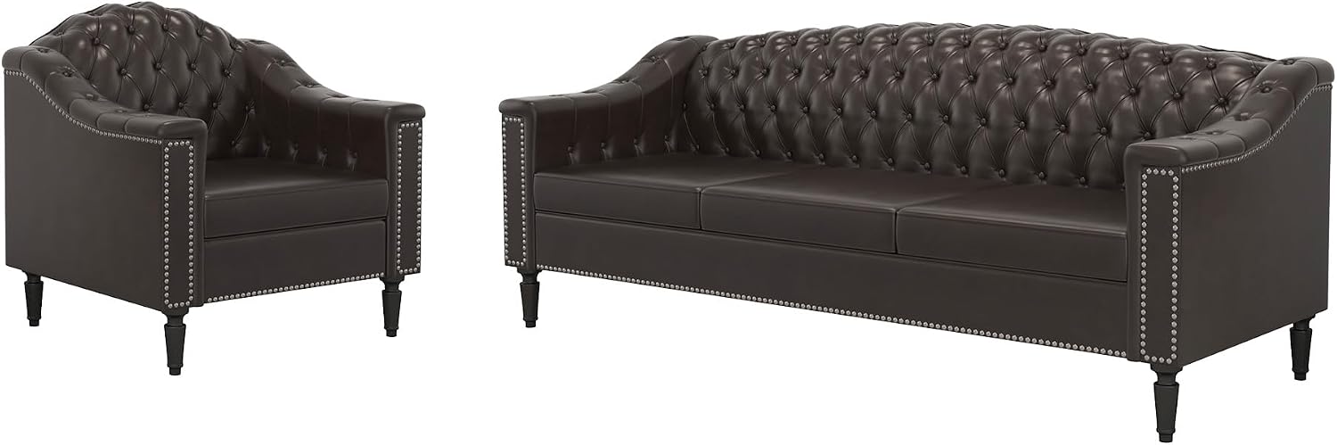 AVZEAR 2-Piece Living Room Sofa Set, Chesterfield Sofa Mid-Century Modern PU Sofa, Upholstered Couch with Nailhead Trim and Button Tufted for Living Room, Office, Bedroom (1+3 Seat Brown)