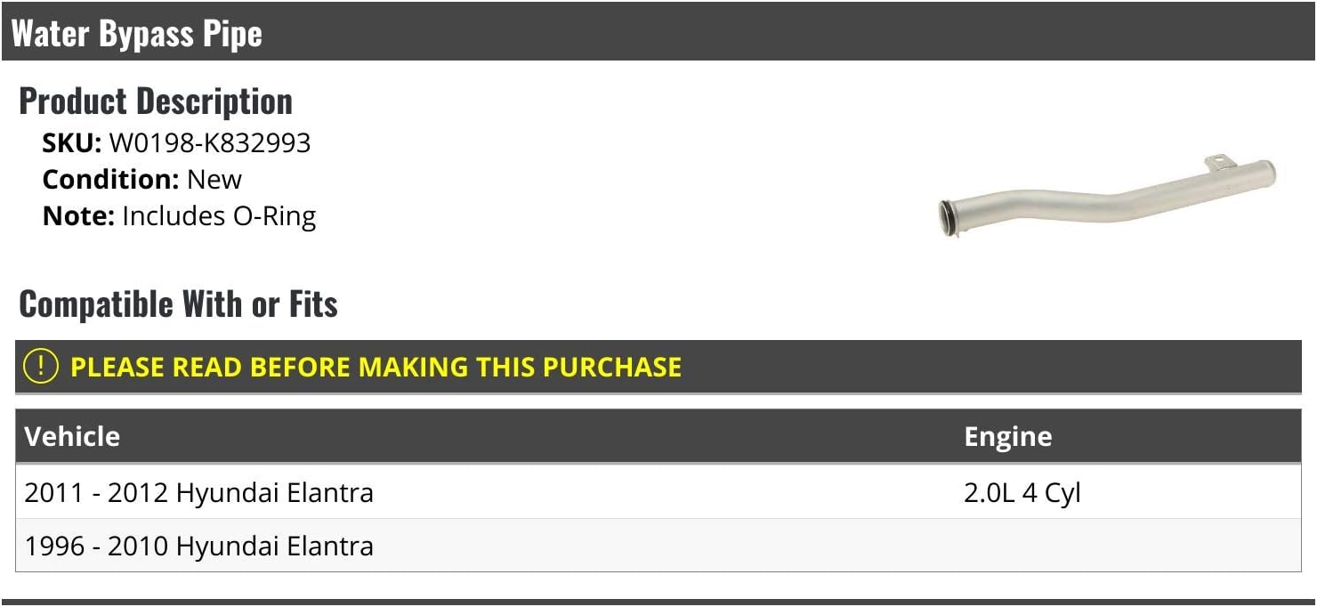 Water Bypass Pipe - with O-Ring - Compatible with 1996-2012 Hyundai Elantra 2.0L 4-Cylinder
