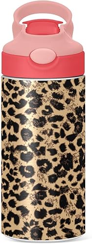 Miniatura 2 de MCHIVER Botella de agua para niños con popote con estampado de leopardo, botella de agua para niños con aislamiento térmico, para escuela, niñas y