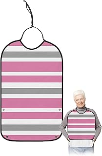 QueenKer Funny Adult Bibs for Eating, Pink Gray White Stripe Waterproof Clothing Protector Washable Adult Bib with Crumb Catcher for Men Women Elderl and Seniors