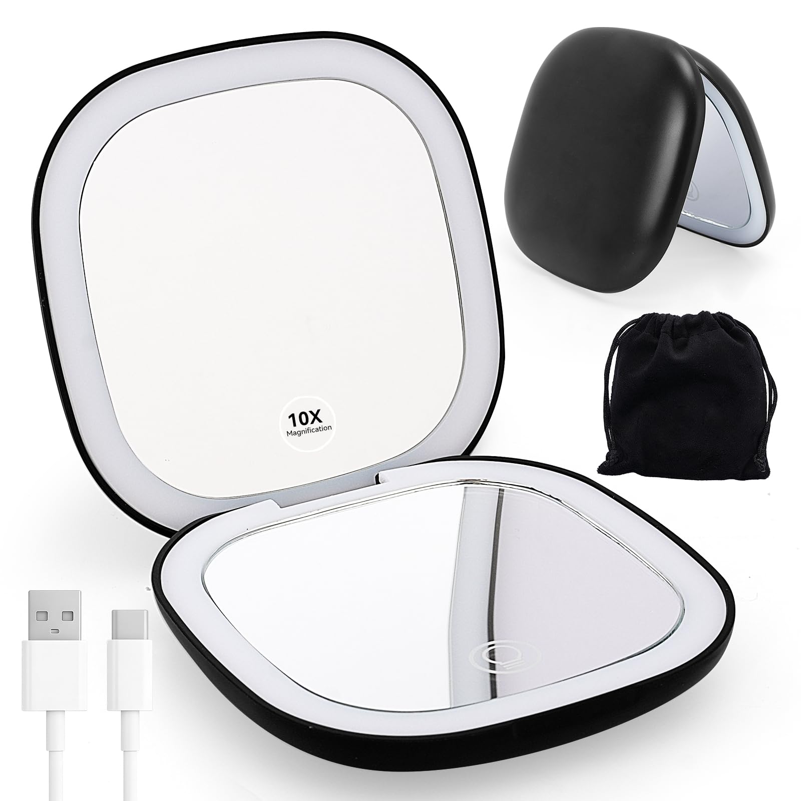 Specchio Portatile con Luce LED,Specchio Ingranditore 1X/10X,Regolabile Luminosità Mirror da Borsetta,per Trucco Precisa, Depilare Sopracciglia,Pinzare,Eliminare Punti Neri,Portatile,Nero