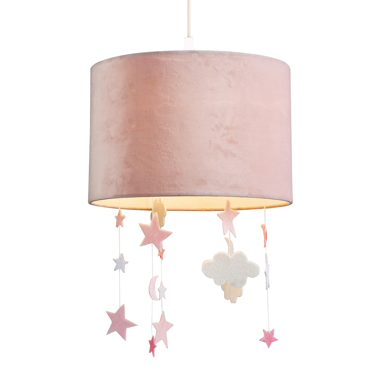 Rackhams Pink Soft Blush Velvet Pendant Lamp Shade With Hanging Felt Stars And Clouds