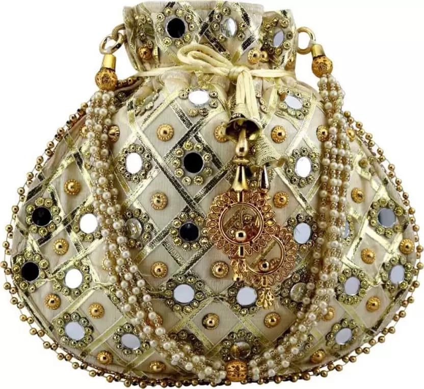 Women's Handmade Heavy Embroidery Mirror Work Drawstring Potli Bag with Golden Beads Handle