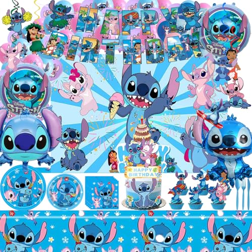 Higyther For Stitch Birthday Party Supplies Set 123 Pieces Party Decoration Kit with Banner Balloons Plates Backdrop Hanging SwirlsCupcake TopperBlue