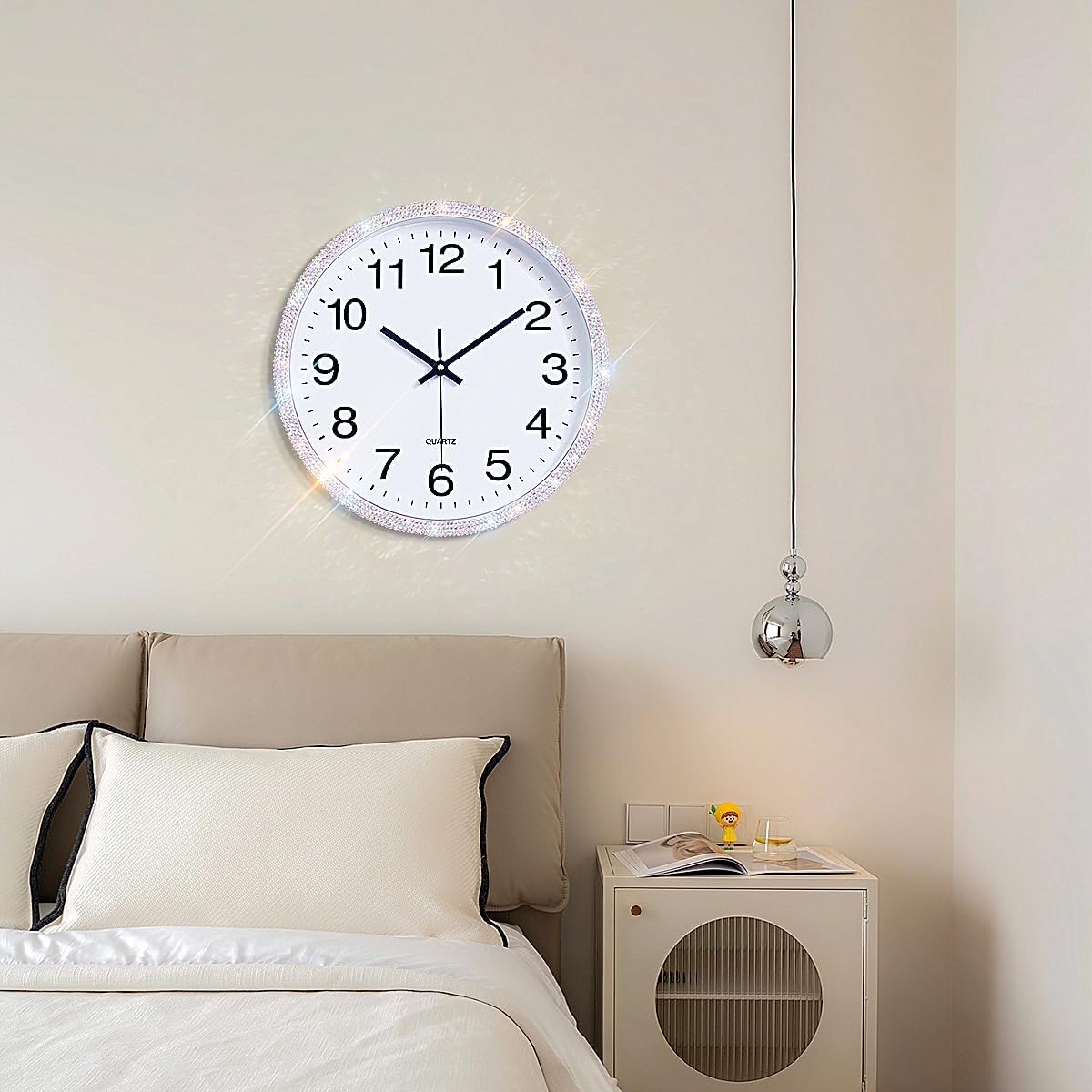 Bling Round Wall Clock for Wall Decoration, Glass Rhinestone Full Coverage Clock Sparkle Twinkle Glitter Home Decor. AA Battery is not Included (Silver 12x12x1.8 inches)