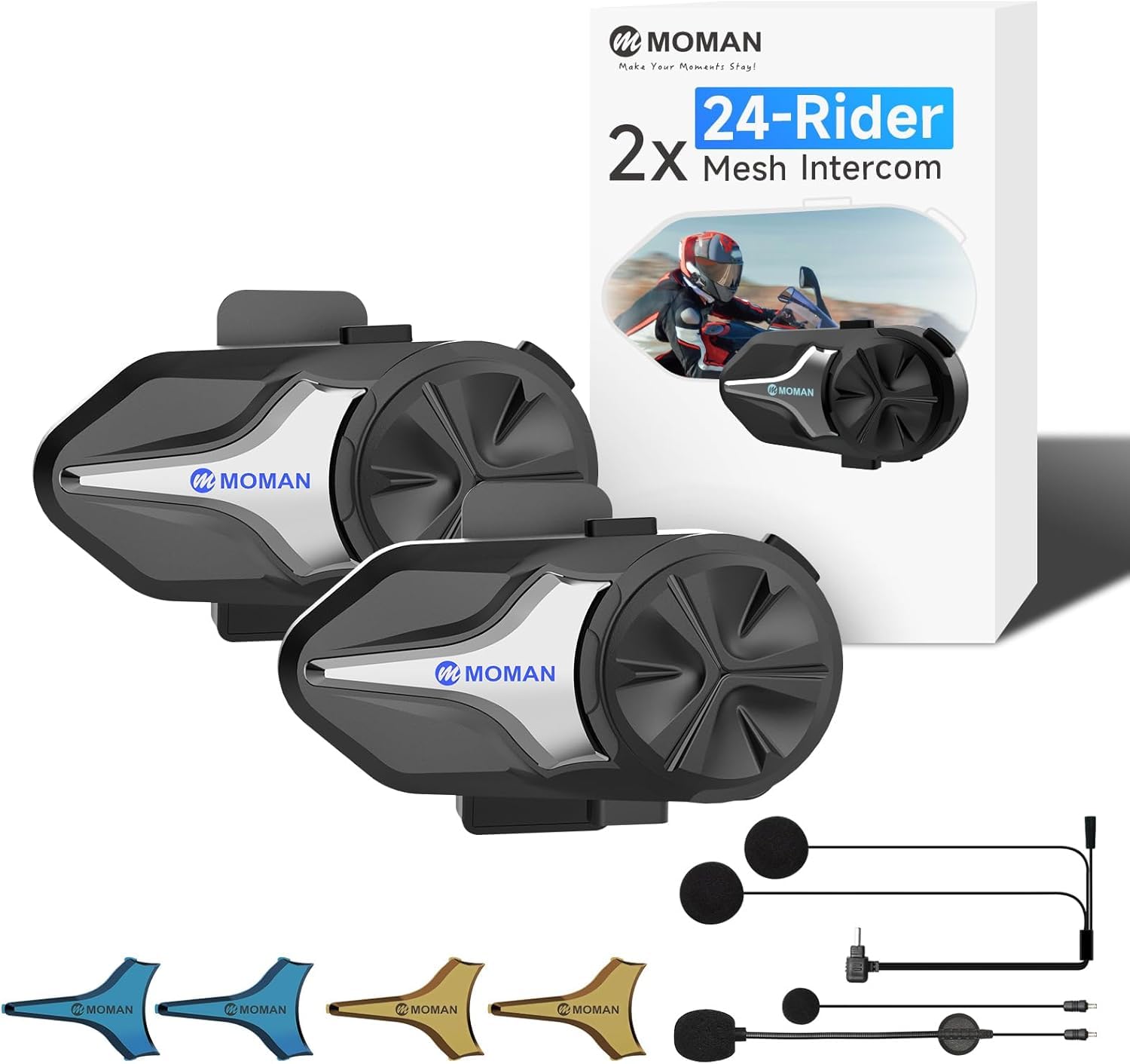 Moman CPX Mesh Interfono Moto 24 Persone Due Modalità 2KM Auricolare 2 Pack | Audio Multitasking BT 5.4 Quad Riduzione del Rumore AI Hi-Fi Stereo/Impermeabile Auricolare Casco Sistema di Comunicazione