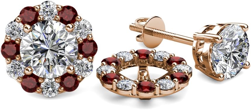 Natural Diamond & Red Garnet 0.80 ctw Women Halo Jackets for Stud Earrings 14K Rose Gold