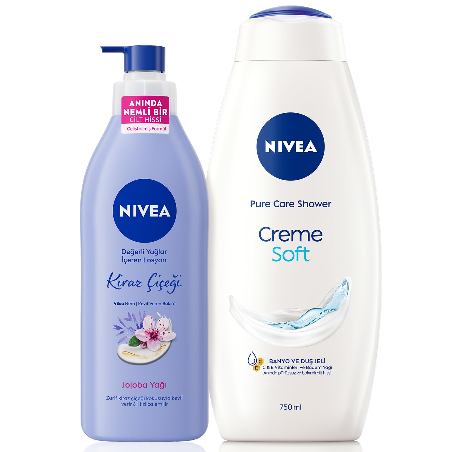 NIVEA Değerli Yağlar İçeren Vücut Losyonu Kiraz Çiçeği & Jojoba Yağı, 400 ml + NIVEA Creme Soft Kremsi Dokunuş Banyo Ve Duş Jeli 750 ml
