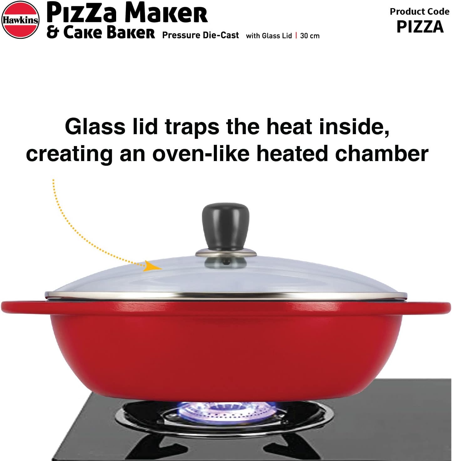 HAWKINS Diecast 30 cm Nonstick Pizza Maker and Cake Baker with Glass Lid, Gas Oven, Pizza Oven Toaster Griller Tandoor Barbecue, Cake Baking Pan, Red (Pizza)