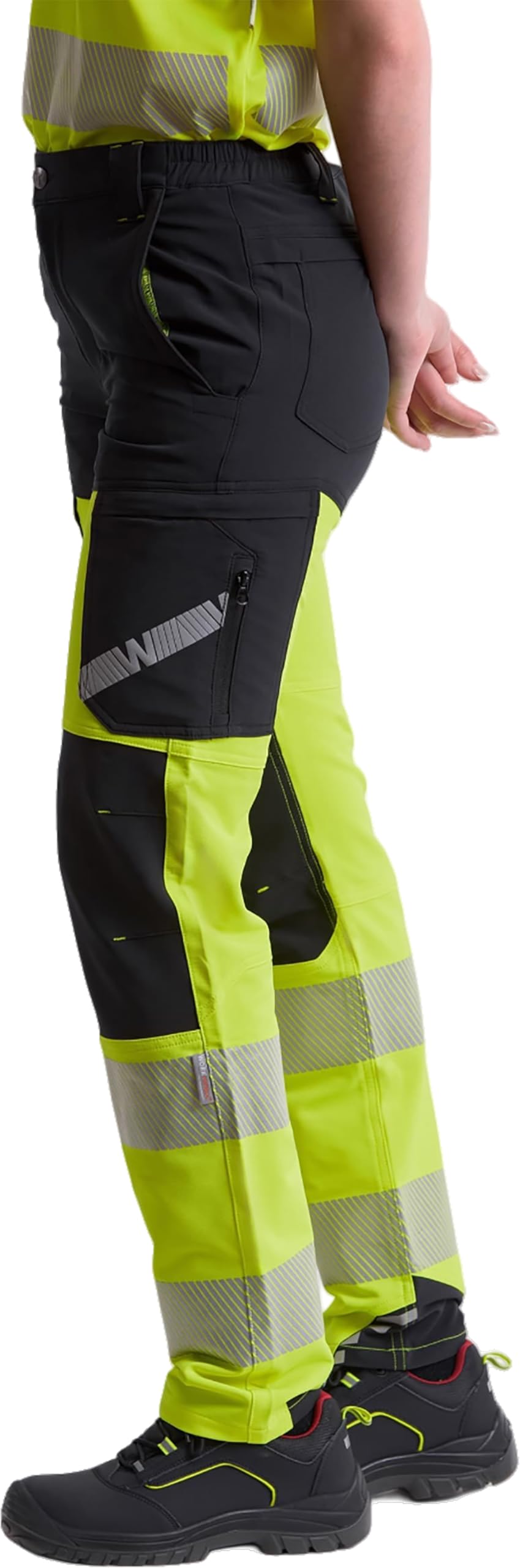 WORKTEAM Pantalón Elástico Alta Visibilidad con Cintas Reflectantes Segmentadas, Slim Fit, Multibolsillos con Cremallera, Refuerzo en Rodillas, Unisex