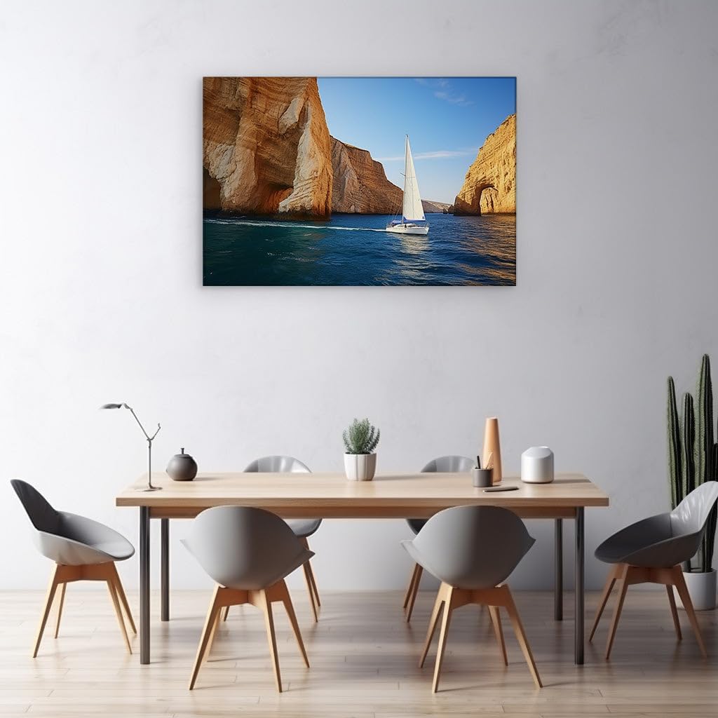 Canvas for Living room. Sailing into Serenity: A Captivating Journey between Golden Cliffs and Azure Waters, 27 x 18 inch Canvas Wall Art - Contemporary Masterpieces - Modern Home Decor