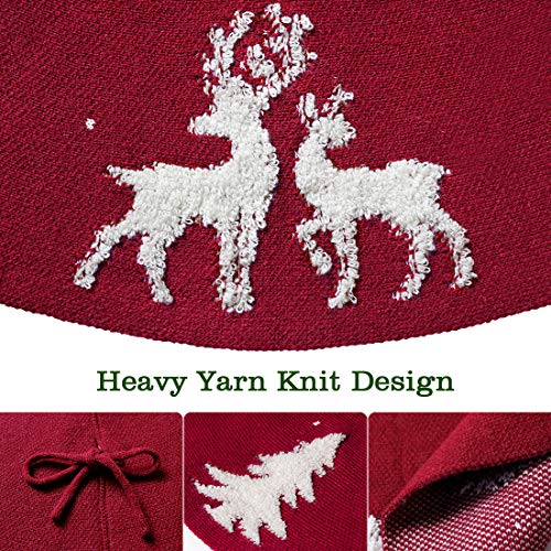 LOMOHOO Knitted Christmas Tree Skirt 48 inches 3D Knitted Tree Skirt Traditional Knit Luxury Thick Rustic Tree Skirts Xmas Holiday Christmas Decoration Indoor Outdoor (Red Knitted, 48 inches/122cm) - Thumbnail 5