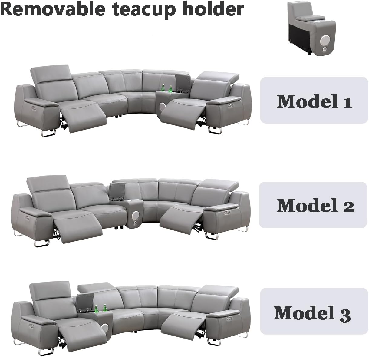 A Ainehome Power Leather Reclining Sectional Sofa with 2 Recliners for Living Room, Power Reclining Sofa Couch with USB Ports, Grey Top Genuine Cowhide Leather Couch with Console for Home/Office