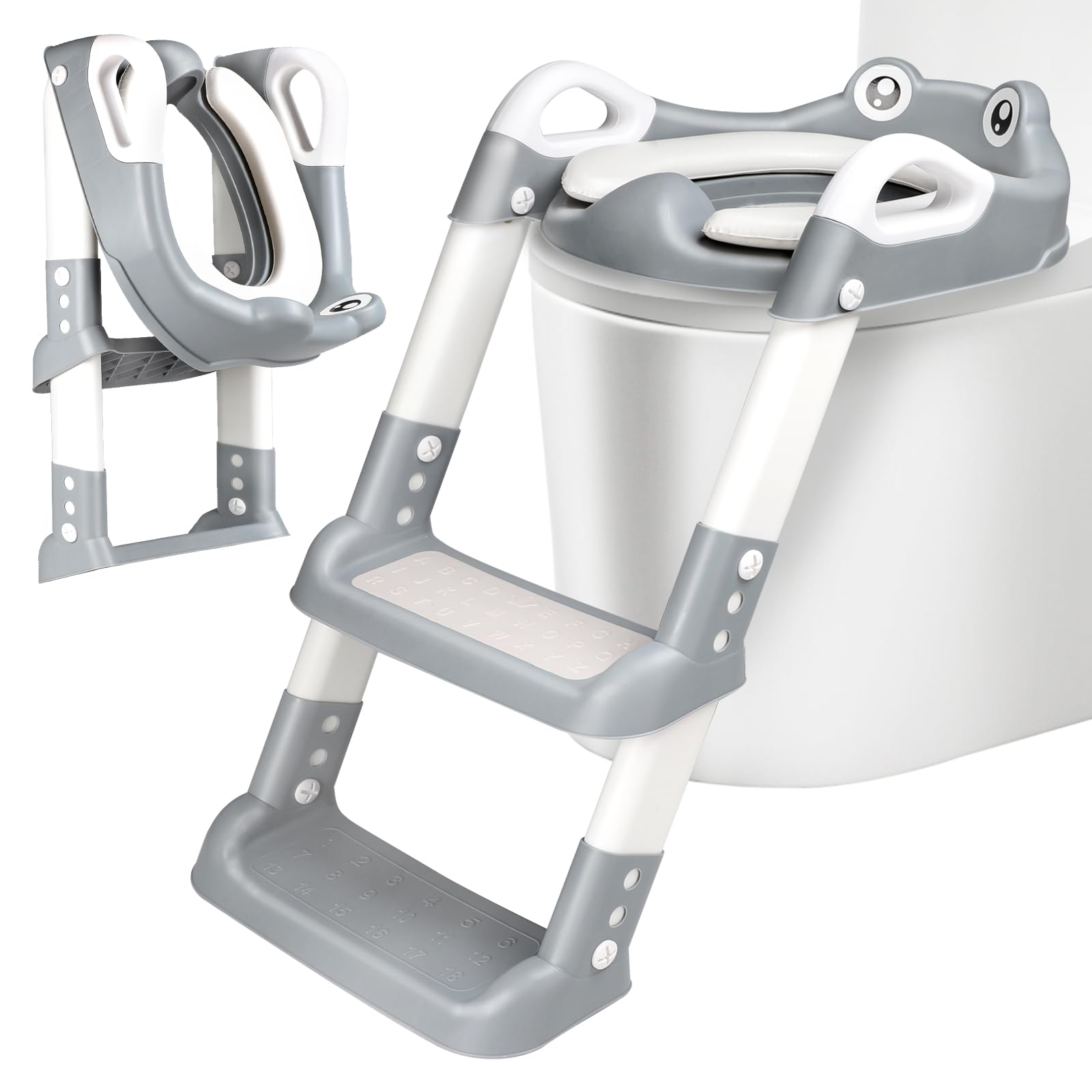 Toilettensitz Kinder mit Treppe, Toilettentrainer für Kinder, 2 IN 1 Toilettentrainer mit Treppe für Jungen und Mädchen, WC Sitz mit PU Gepolsterter Höhenverstellbar & Faltbar, Rutschfest (Grau)