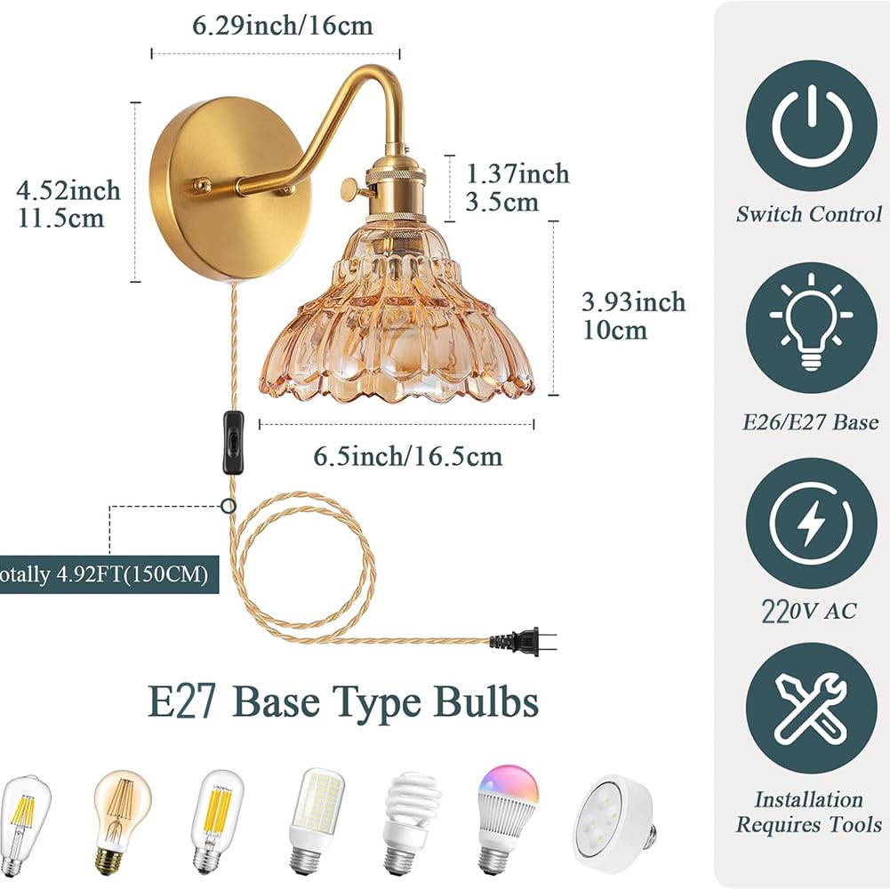 Vintage Wandleuchte mit Schalter und Stecker, Gold Glas Lampenschirm Wandlampe Retro Messing Nachttischlampe mit Kabel und Schalter Blume Wandlicht Innen Industrial Kristallleuchte E27