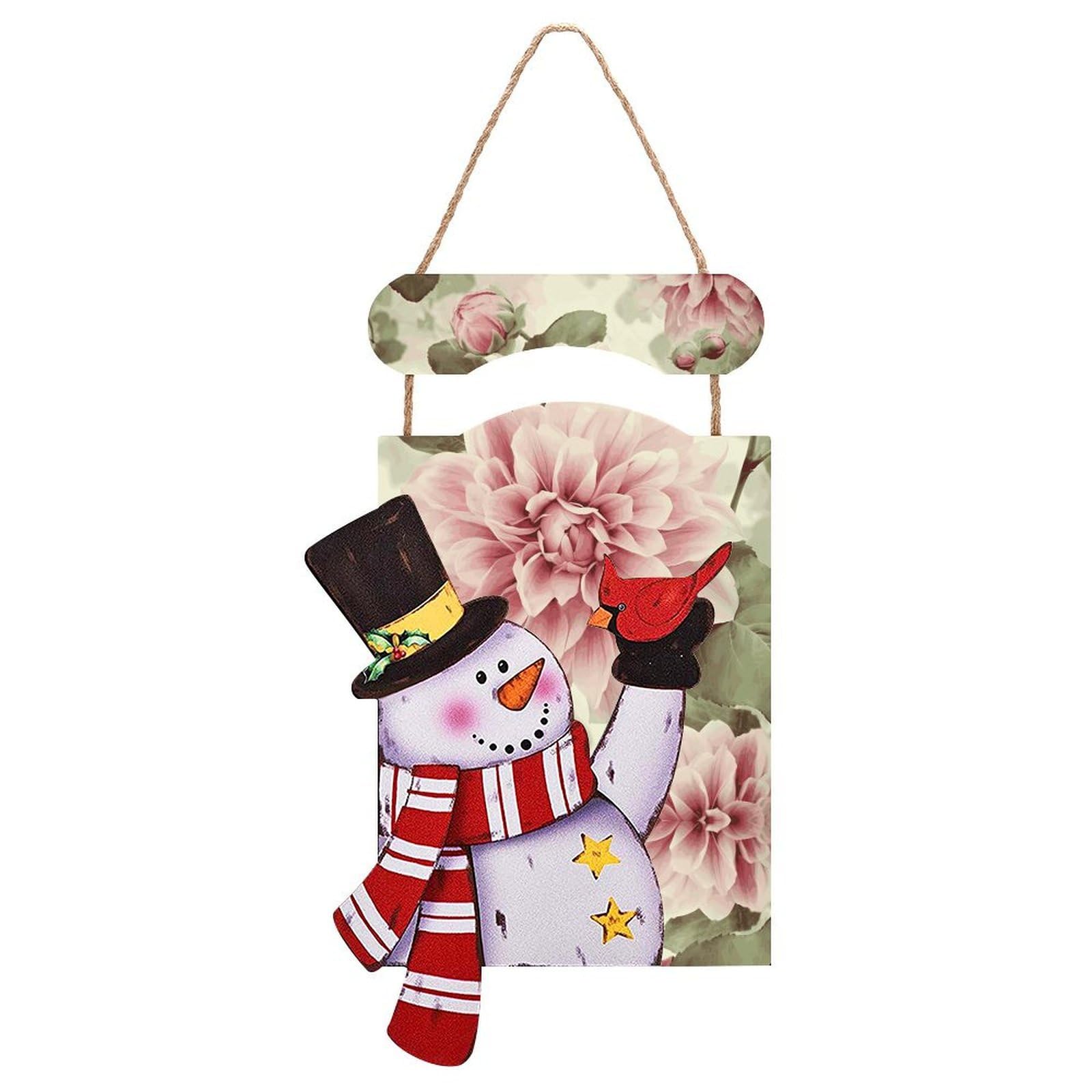 Beautiful Vintage Pink Flower Snowman Sign Wooden Hanging Door Sign Christmas Door Decor Christmas Snowman Wooden Hanging Sign Wall Art for Indoor Outdoor Porch Wall